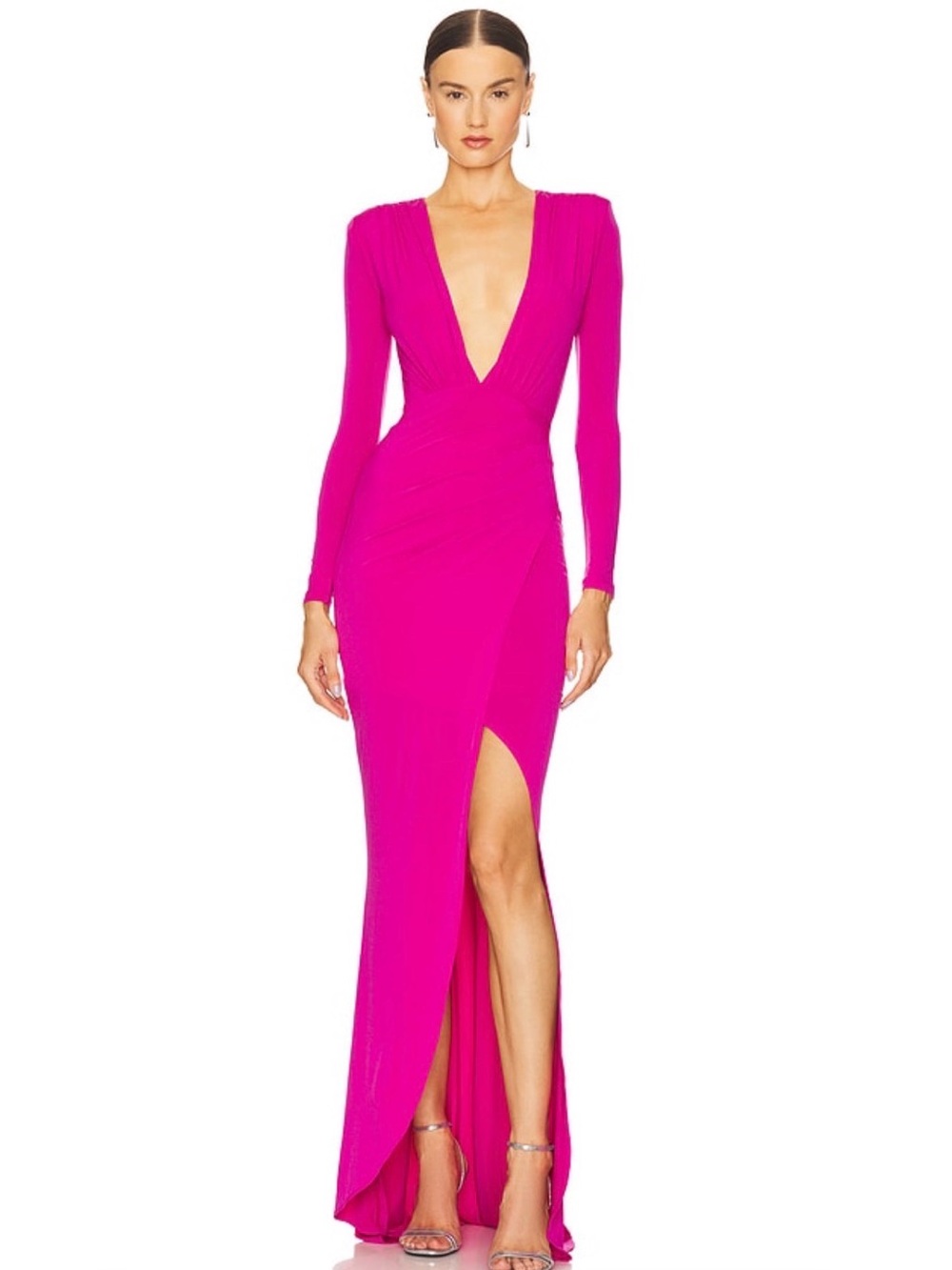 Nookie Hot Pink Fuchsia Long Sleeve Maxi Dress Plunge Neck Bow Detail